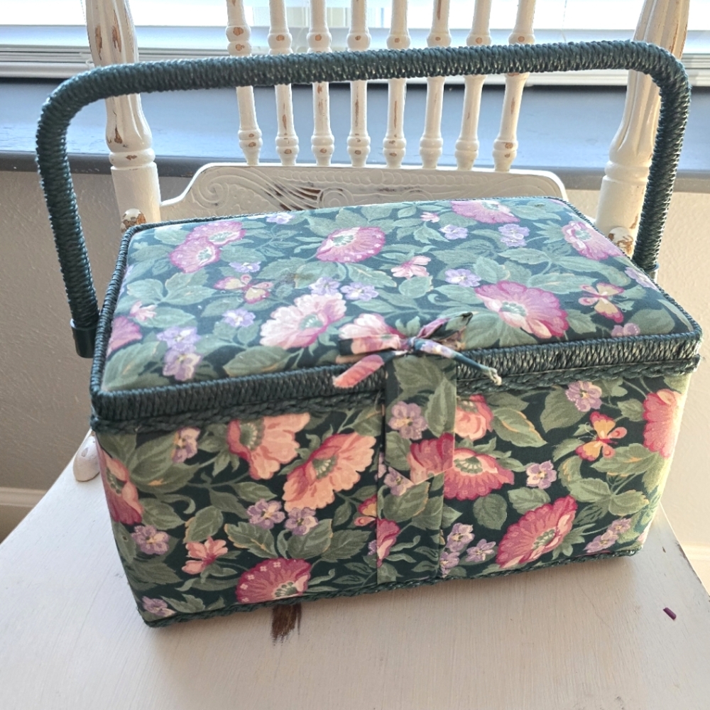 Floral Sewing Basket with Wicker Handle